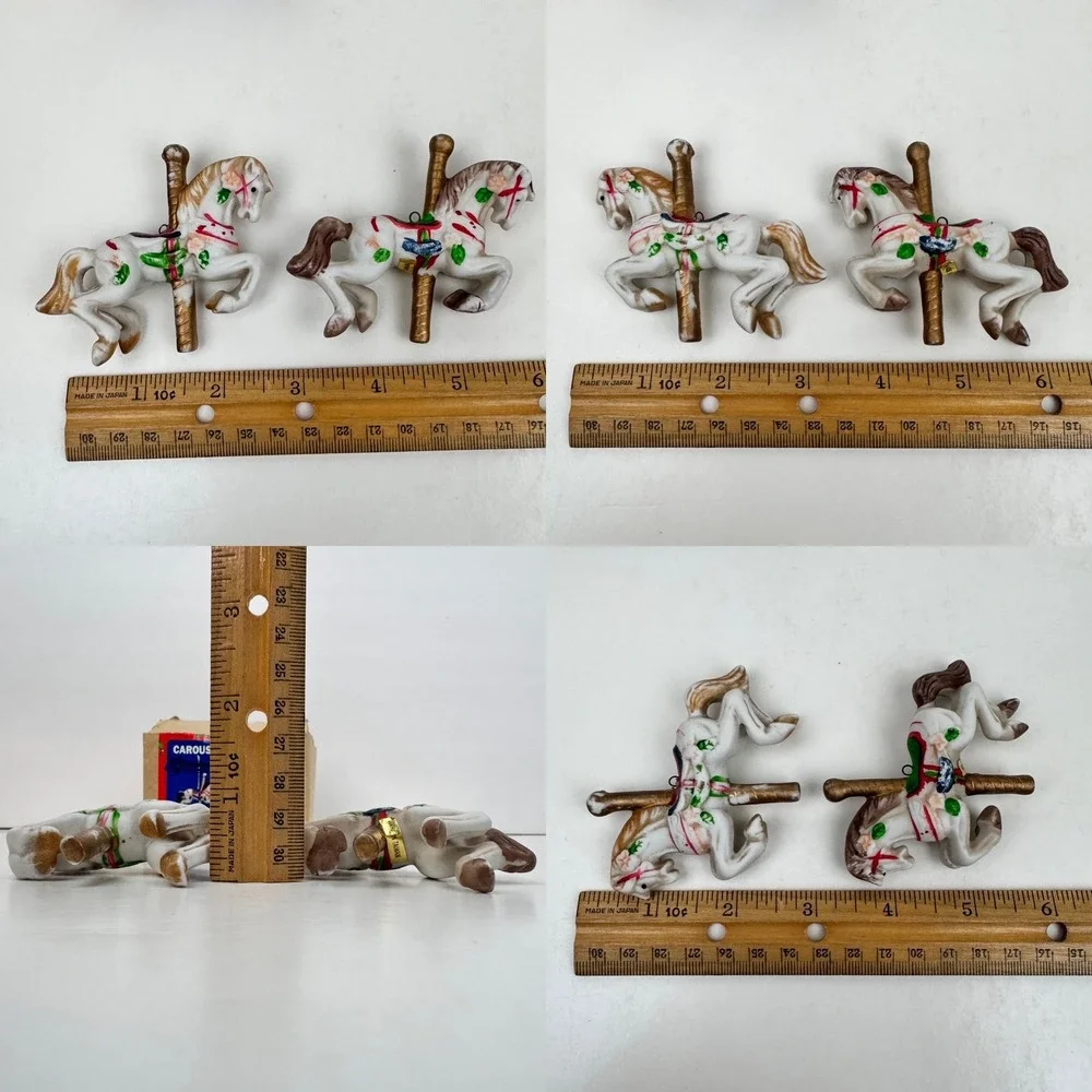 2 Vtg Christmas Around the World Carousel Horse Ornaments Ceramic w Orig Box